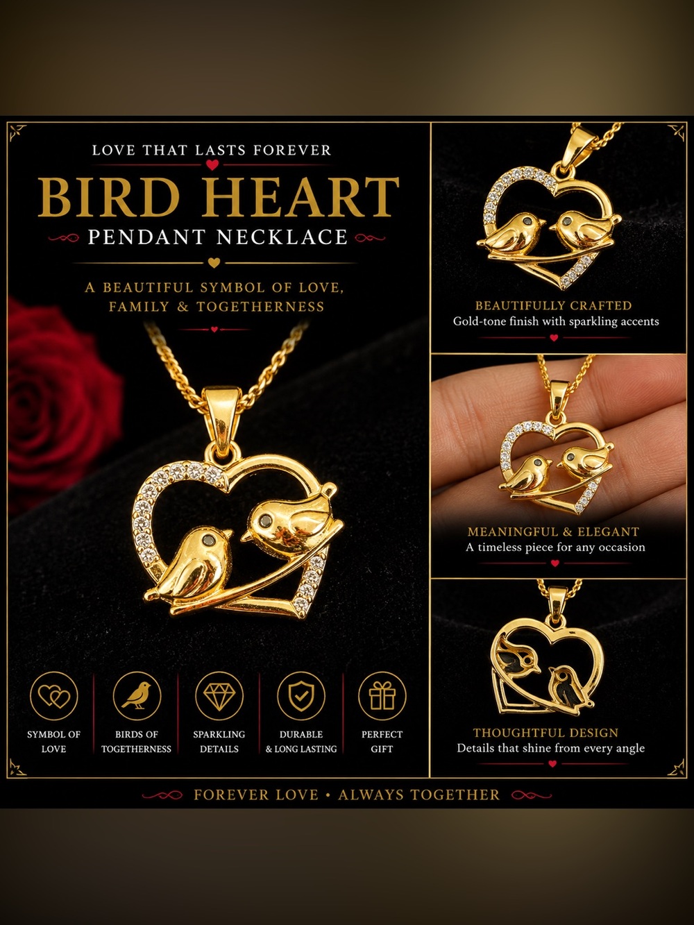 Laminated Gold Bird Heart Pendant | Love Birds Couple Necklace Charm